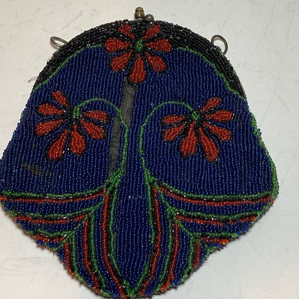 vintage 1920s Art Nouveau microbeaded glass bead purse blue red flower - AS IS - Picture 3 of 13